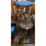 A stained wood bar stool - sold with a reproduction stained wood framed dressing stool with