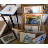 A quantity of framed decorative prints including colourful images of dolphins and killer whales, and