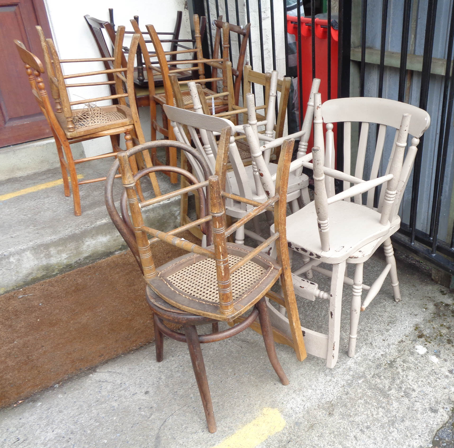 Four painted kitchen chairs - sold with eleven rush seated and one bentwood bedroom chairs - various