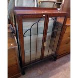 A 34 1/2" 1930's mahogany and mixed wood display cabinet with material lined interior and glass