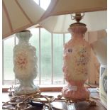 A pair of moulded and coloured milk glass table lamps with ormolu fittings and shades