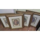 A set of four matching ornate gilt framed reproduction coloured prints depicting cupid