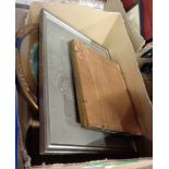 A box containing assorted pictures and frames including a framed Art Nouveau postcard album cover,