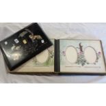 A Japanese black lacquer photograph album with watercolour decorated pages - damage