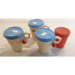 Three Bourn-Vita mugs and lids, and an additional lid - sold with a set of retro OK stacking