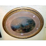 Edward Richardson: a gilt framed oval watercolour depicting figures beside a river in a lakeland