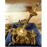 A box containing a pair of cast brass electric wall sconces, a five branch chandelier, etc.