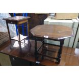 An 18 3/4" polished oak octagonal topped occasional table with turned supports - sold with a small