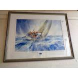 †Tom Dack: a framed marine watercolour, depicting a racing yacht - signed