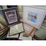 A selection of framed decorative prints including humorous animal subjects, "Smeaton's Pier" and