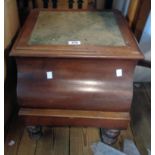 A Victorian mahogany step commode with remains of upholstery to lift top, china liner and pull out
