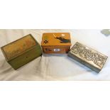 Three vintage cigarette boxes comprising two painted and one metal clad example