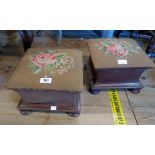 A pair of 10 1/2" Victorian mahogany footstools with rose tapestry decorated tops and waisted sides,