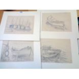 Dora Johns: a group of four unframed mounted pencil sketches, depicting moored boats, one in colour,