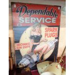 A large modern reproduction printed tin sign Dependable Service, Spark Plugs