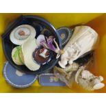 A box containing assorted ceramics including Maling lustre bowl, Wedgwood, Goebbel, etc. - damage