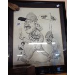 A framed 1980`s ink caricature of Ian Botham on his John O'Groats to Land's End charity walk -