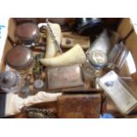 A box of assorted collectables including dressing table bottles, silver topped mustard pot with