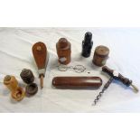 Four wooden cased travelling ink bottles, corkscrew, miniature bellows, glasses in wooden case,