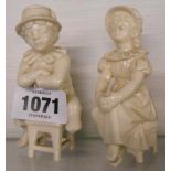 A Royal Worcester blanc de chine figure of a girl on a stool - sold with an unmarked boy similar -