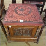 A Victorian walnut locker stool with upholstered lift-top and tray fitted interior, all round