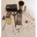 A bag of collectable items including horn beaker, Victorian Royal Navy tin, pitch pipe, etc.