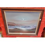Terence Grundy: a framed oil on canvas, depicting a moonlit seascape - signed
