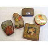 Five vintage tins comprising Vallora cigarettes, George Horner sweet tin, Wilkins Red Boy Toffee,