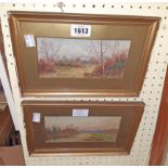 A pair of small gilt framed and slipped watercolours, depicting rural views - signed with initials