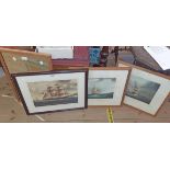 Three framed coloured maritime prints - sold with a wall mirror