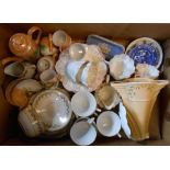A box containing assorted china including Foley part tea set, Burleigh Art Deco wall pocket, etc.