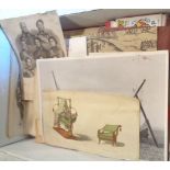 A box of ephemera including antique etchings, maps, autograph book, etc.