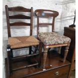 A stained elm framed ladder back standard chair with woven rush seat - sold with a Victorian