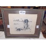 A framed ink sketch in the manner of Louis Wain, depicting a kitten on a raft being pulled by a duck