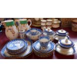 A Copeland Spode Willow pattern part tea set, two Booths soup bowls, covers and stands, and two
