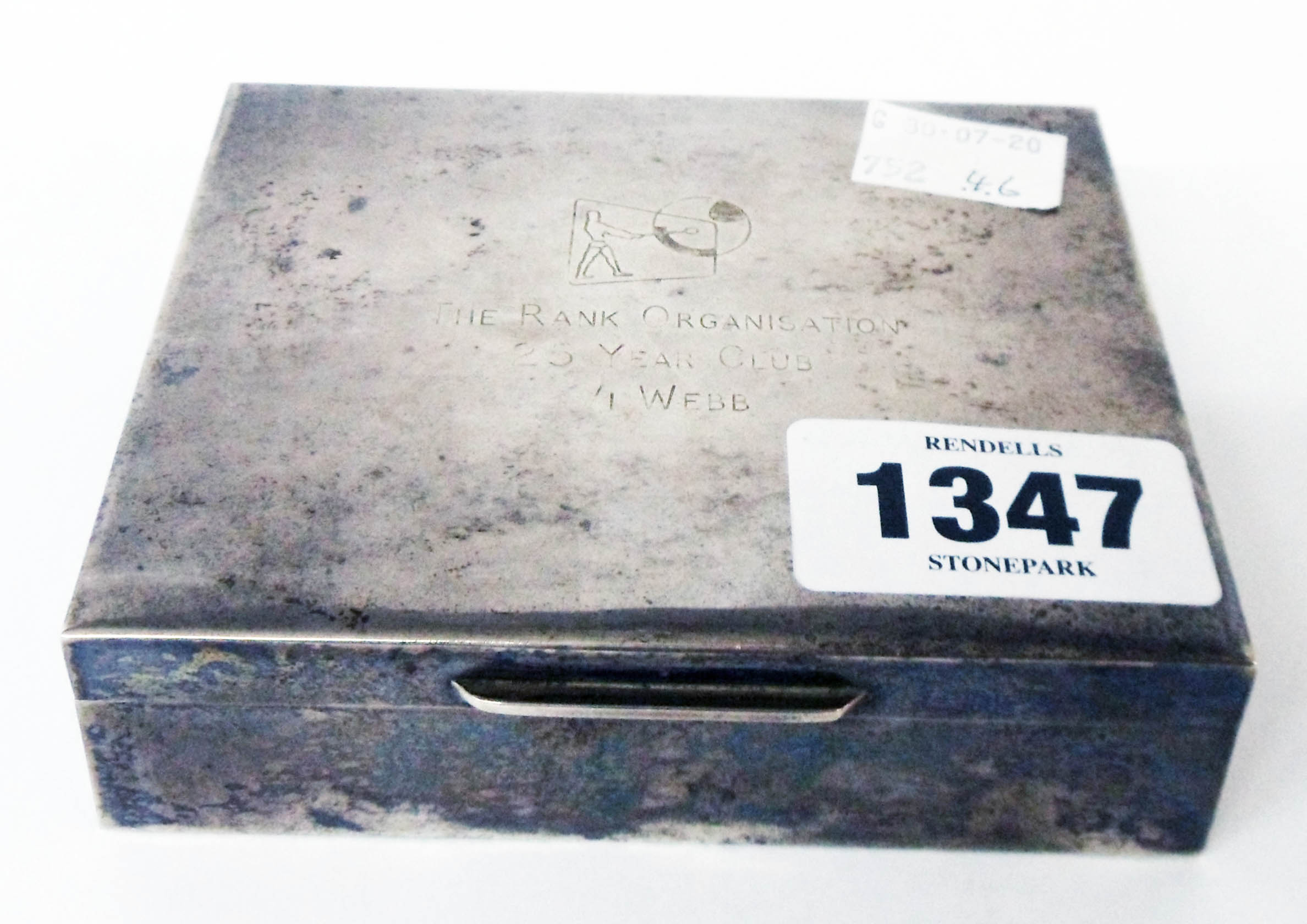 A 4" Garrard silver cigarette case with Rank (Film) Organisation presentation text to lid