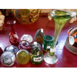 Four Mdina paperweights and four others - sold with three pieces of coloured glass