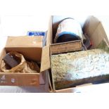 A box containing model railway items including Hornby Type 40 loco (a/f), Airfix trackside models,