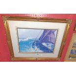 John Chancellor: a gilt framed coloured print depicting a sailing vessel on stormy seas - faded