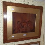 An oak framed and gilt slipped 19th Century pokerwork picture, depicting figures around a table in a