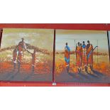 A pair of modern stretchered oils on canvas, depicting Masai warrior group and Masai figure with