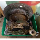 A box containing assorted brass and other metalware including ploughing team doorstops, etc.