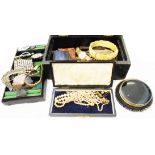 An antique tray fitted jewellery box containing a vintage 9ct. gold cased lady's wristwatch a/f