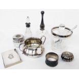 A silver two handled sugar bowls and glass jar with silver collar - sold with an ornate snuff box,