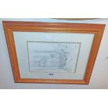 Ernest Howard Shephard: a framed print of a pencil drawing illustration, depicting Winnie the Pooh