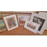 A selection of assorted pictures and prints including Herbert Tomlinson gouache landscape,