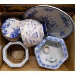 A box of assorted blue and white china