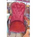 A Victorian mahogany part show frame spoon back drawing room armchair with button back crushed