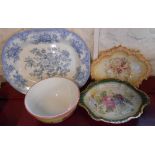 A blue and white meat plate, two Edwardian china dishes, and a bowl