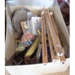 A box of assorted collectables including easel, Pelham puppet, marbles, carved mask, etc.